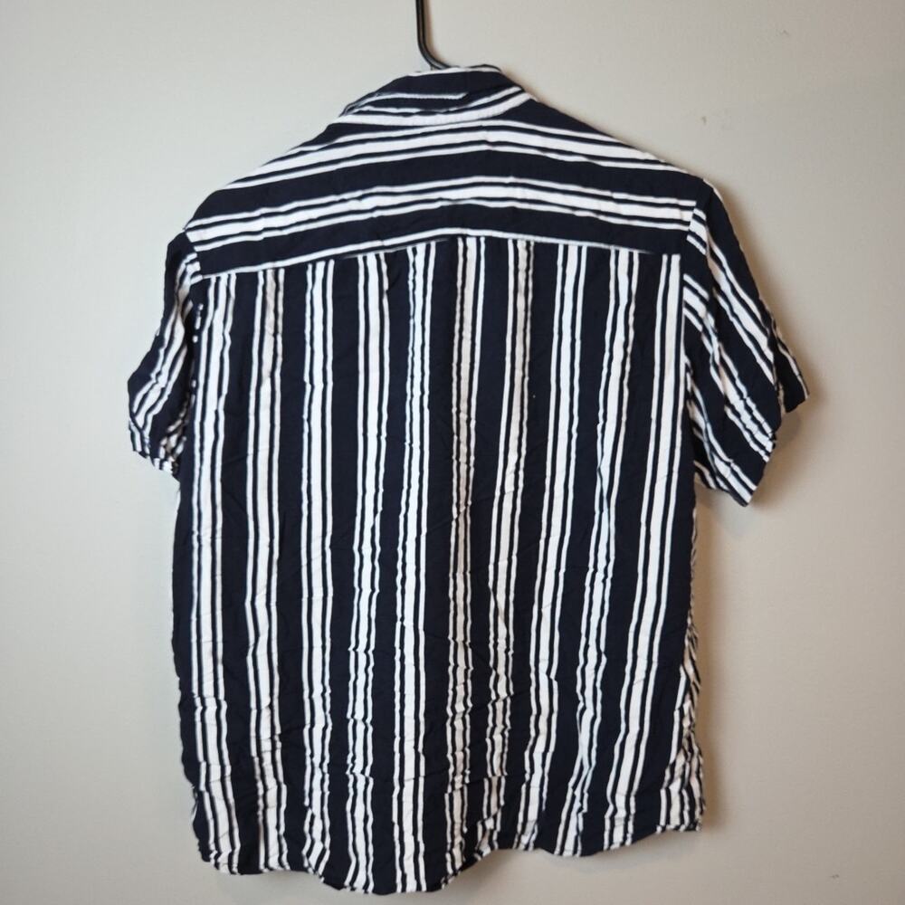 Denim & Flower Button Up Mens Large Navy Blue Striped Short Sleeve Shirt - Picture 4 of 6